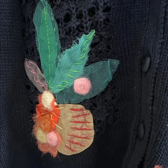 Anthropologie Mona Mabel navy cardigan with mixed media floral appliqués - Picture 9 of 16